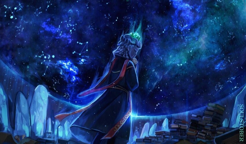 1girl aquarius_(constellation) aries_(constellation) artist_name blue_robe blue_sky book book_stack cancer_(constellation) capricorn_(constellation) commentary constellation elden_ring from_behind full_body highres leo_(constellation) libra_(constellation) robe sagittarius_(constellation) sky solo sorceress_sellen standing stole stone_mask temmaru1 thinking virgo_(constellation)