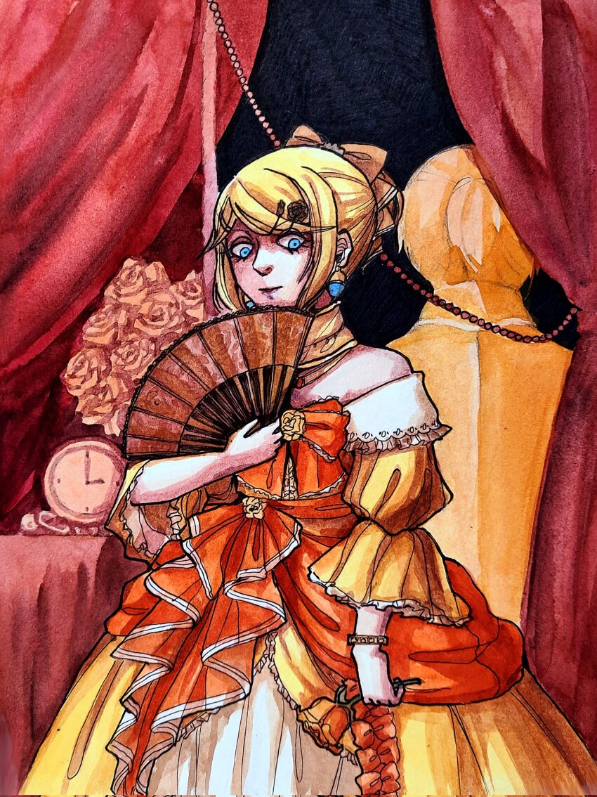 1boy 1girl aku_no_musume_(vocaloid) allen_avadonia anniversary aqua_eyes black_flower black_rose blue_eyes bouquet bow bracelet choker clock curtains desk dress dress_bow dress_ribbon evillious_nendaiki flower frilled_dress frilled_sleeves frills gouache_(medium) hand_fan high_ponytail highres holding holding_fan holding_flower jewelry kagamine_len kagamine_rin long_sleeves mantle meta28050 off-shoulder_dress off_shoulder orange_bow orange_ribbon painting_(medium) petticoat ponytail puffy_long_sleeves puffy_sleeves ribbon riliane_lucifen_d&#039;autriche rose shaded_face short_ponytail sidelocks solo_focus swept_bangs traditional_media updo vocaloid watercolor_(medium) wide_sleeves yellow_choker yellow_dress yellow_flower yellow_rose