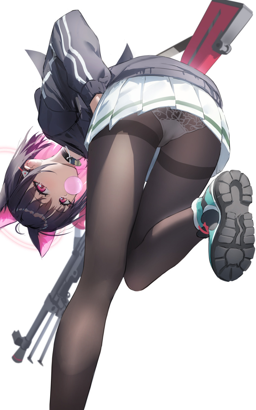 1girl absurdres animal_ears black_choker black_hair black_hoodie blue_archive blue_shoes bren_lmg bubble cat_ears cat_girl chewing_gum choker colored_inner_animal_ears colored_inner_hair gun highres holding holding_gun holding_weapon hood hoodie kazusa_(blue_archive) light_machine_gun looking_at_viewer machine_gun multicolored_hair panties panties_under_pantyhose pantyhose shoes shortofsugar skirt standing standing_on_one_leg two-tone_hair underwear weapon white_panties white_skirt