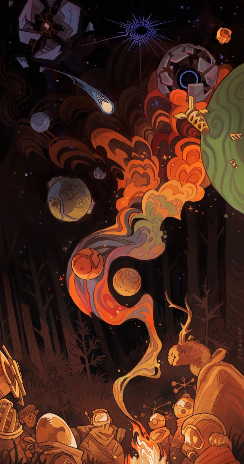 6+others alien artist_name campfire chert_(outer_wilds) ciearcab comet esker_(outer_wilds) fire forest gabbro hatchling_(outer_wilds) highres multiple_others nature night outdoors outer_wilds outer_wilds:_echoes_of_the_eye planet riebeck_(outer_wilds) scenery smile smoke solanum_(outer_wilds) space the_prisoner_(outer_wilds) tree
