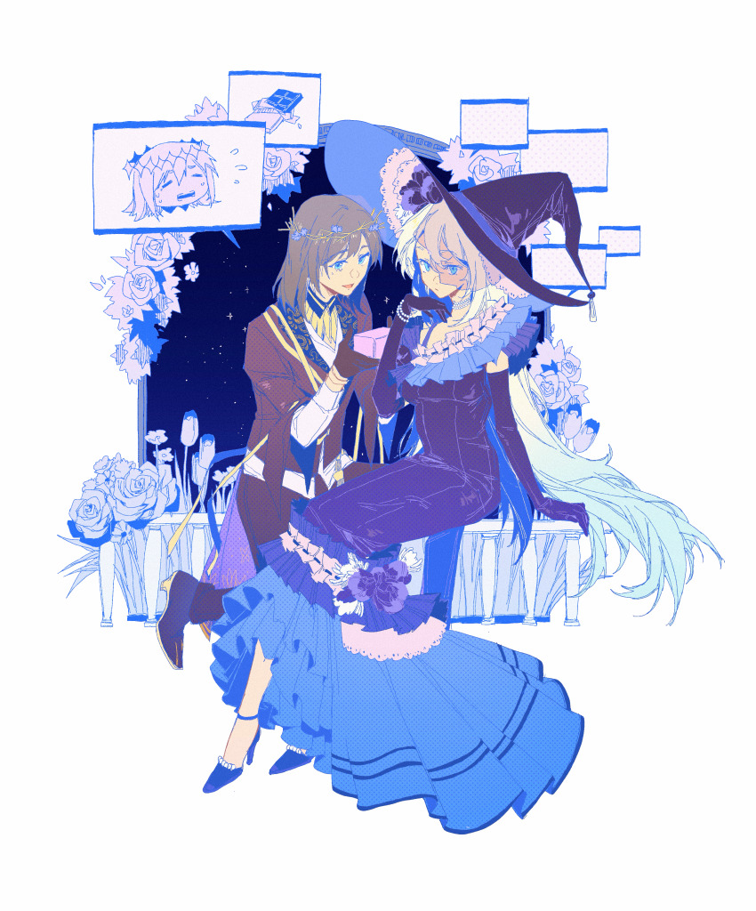 1boy 1girl absurdres black_gloves black_hair blue_eyes fate/grand_order fate_(series) flower gloves hair_between_eyes hair_flower hair_ornament hat high_heels highres long_hair looking_at_viewer morgan_le_fay_(fate) oberon_(fate) oberon_(overnight_dream)_(fate) oberon_(third_ascension)_(fate) short_hair smile veil white_hair witch_hat yebeiming
