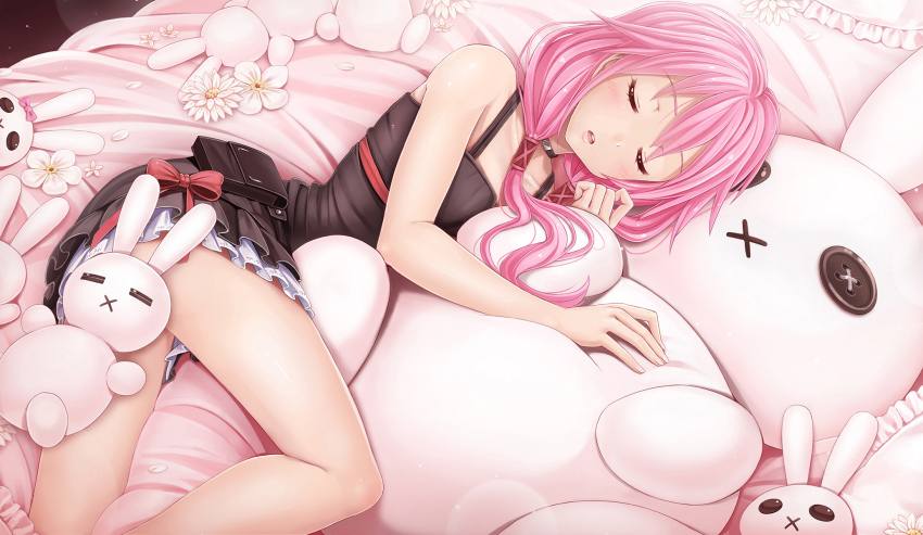 10s 1girl x_mouth black_dress button_eyes buttons choker closed_eyes dress female_focus flower guilty_crown hair_tubes highres lying on_side open_mouth pillow pink_hair pink_theme pouch rabbit sleeping solo stuffed_animal stuffed_rabbit stuffed_toy sunimu twintails yuzuriha_inori