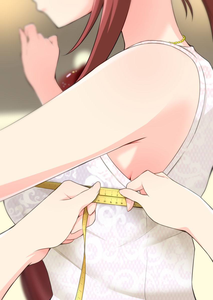 2girls absurdres bra bra_visible_through_clothes breast_focus breasts bust_measuring close-up gajirabute head_out_of_frame highres idolmaster idolmaster_cinderella_girls lace lace-trimmed_bra lace_trim large_breasts measuring mifune_miyu multiple_girls pov pov_hands red_hair shirt sleeveless sleeveless_shirt tape_measure trainer_(idolmaster) underwear upper_body