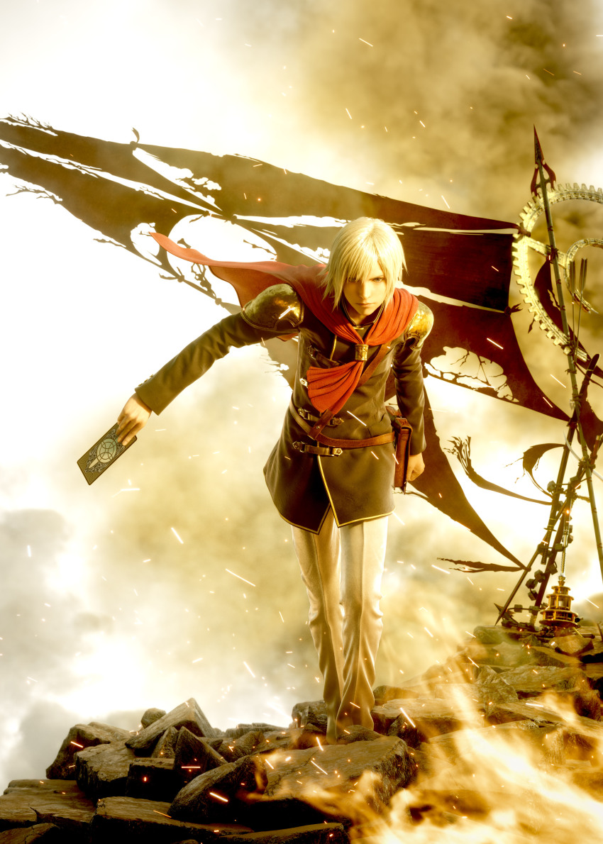 1boy 3d absurdres ace_(fft-0) armor blonde_hair cape card destruction final_fantasy final_fantasy_type-0 fire flag highres looking_at_viewer official_art pauldrons red_cape shoulder_armor square_enix