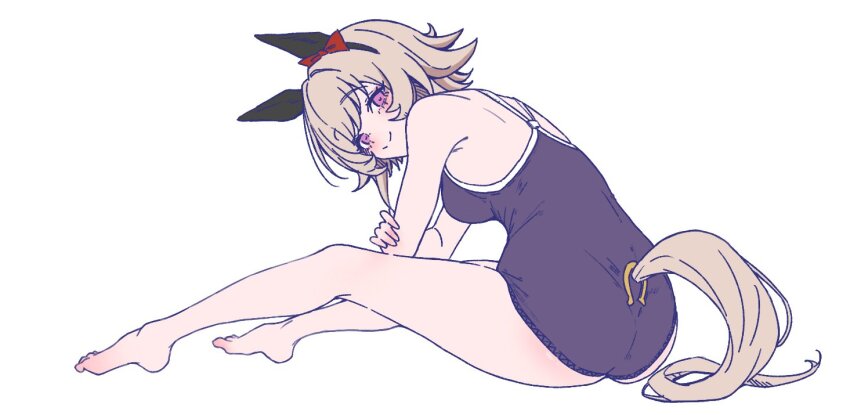 1girl animal_ears ass bare_shoulders barefoot breasts closed_mouth clothing_cutout curren_chan_(umamusume) grey_hair hairband head_tilt holding_own_arm horse_ears horse_girl horse_tail kerotan_(belle_reinedesu) leaning_forward looking_at_viewer looking_back one-piece_swimsuit pink_eyes purple_one-piece_swimsuit short_hair simple_background sitting small_breasts smile solo swimsuit tail tail_through_clothes toes tracen_swimsuit umamusume white_background