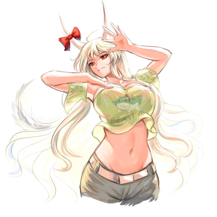 1girl :3 absurdres arm_up armpits belt black_pants bow breasts cleavage clothes_writing crop_top detached_sleeves edz_drawz ex-keine green_hair green_shirt highres horn_bow horn_ornament horn_ribbon horns kamishirasawa_keine large_breasts long_hair looking_at_viewer midriff navel pants red_bow red_eyes ribbon shirt shorts simple_background solo sukusuku_hakutaku touhou white_background