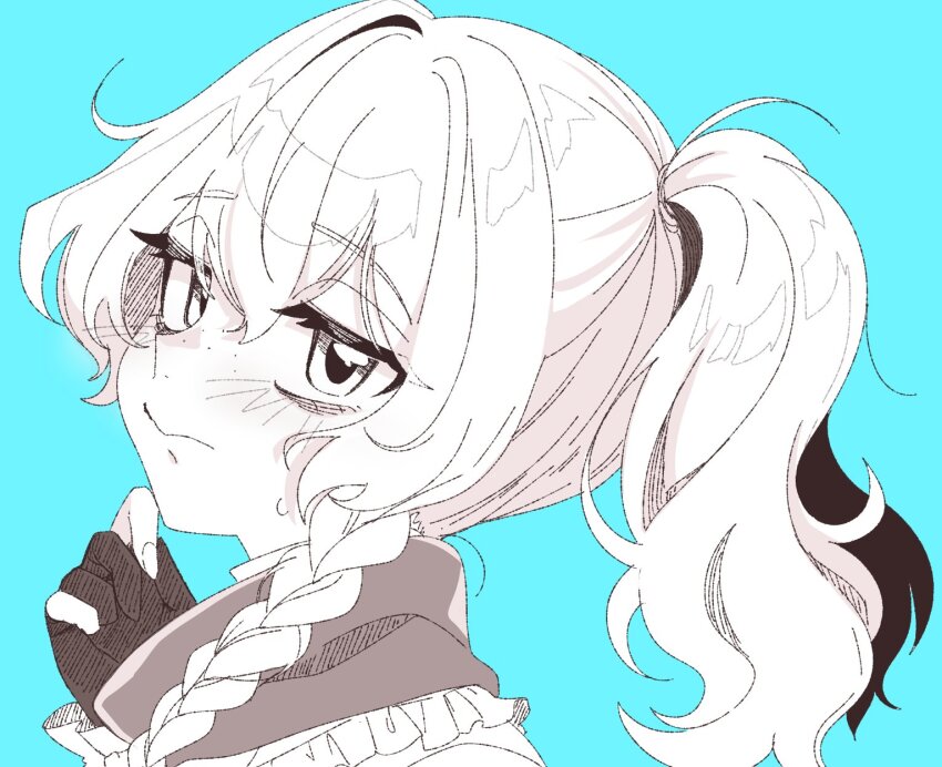 1girl alternate_hairstyle bags_under_eyes blue_background braid closed_mouth commentary_request cookie_(touhou) freckles gloves greyscale_with_colored_background high_ponytail highres kakuyo_kun kirisame_marisa long_hair looking_at_viewer looking_to_the_side mars_(cookie) partially_fingerless_gloves ponytail side_braid simple_background single_braid solo touhou upper_body