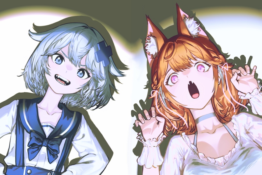 2girls absurdres animal_ear_fluff animal_ears aqua_bikini aqua_choker bikini bikini_under_clothes blouse blue_bow blue_bowtie blue_eyes blue_sailor_collar bow bowtie braid breasts cat_ears choker claw_pose commentary double-parted_bangs english_commentary fangs french_braid gosegu grey_hair hair_between_eyes hair_ornament hairclip highres hololive hololive_english long_hair long_sleeves looking_at_viewer medium_breasts multiple_girls official_alternate_costume open_mouth orange_hair pungson_mori purple_eyes sailor_collar sailor_shirt see-through_clothes see-through_shirt sharp_teeth shirt short_hair short_sleeves suspenders swimsuit takanashi_kiara takanashi_kiara_(casual) teeth v-shaped_eyebrows virtual_youtuber waktaverse white_shirt wrist_cuffs x_hair_ornament