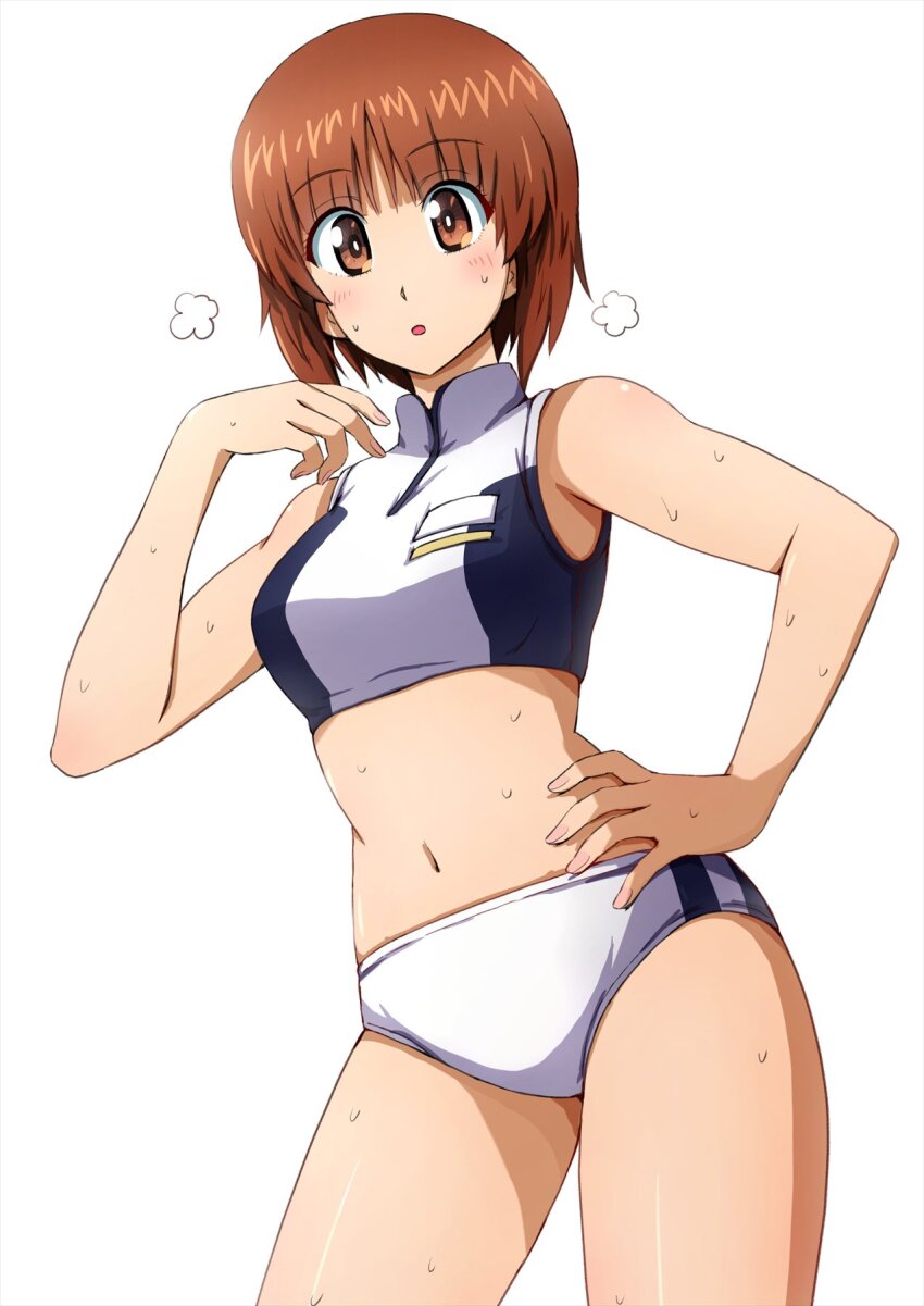 1girl buruma commentary cosplay cowboy_shot cropped_shirt girls_und_panzer hand_on_own_hip highres looking_at_viewer lycoris_recoil midriff navel nishizumi_miho omachi_(slabco) open_mouth shirt simple_background sleeveless sleeveless_shirt solo standing steam sweat white_background white_buruma white_shirt