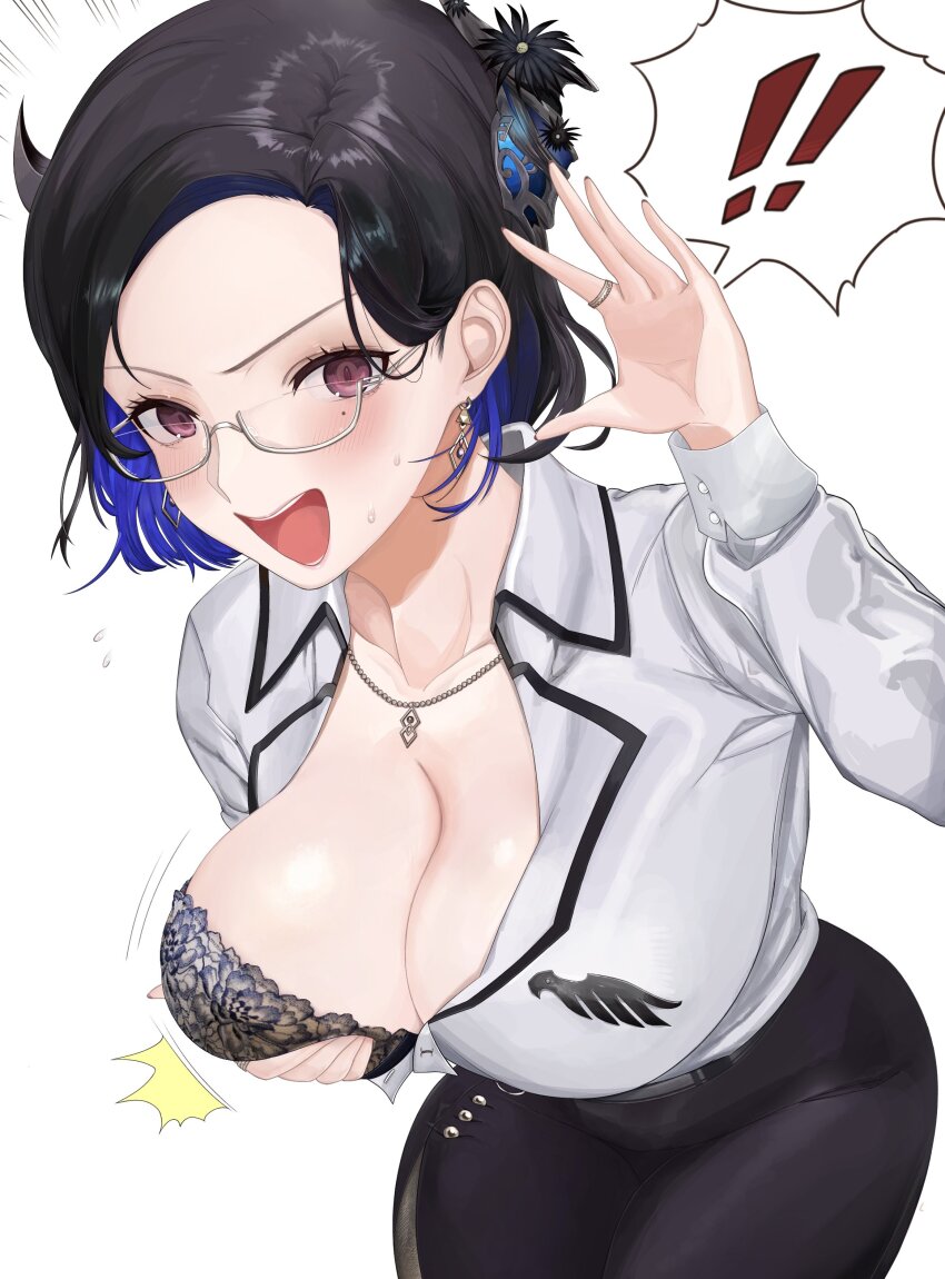 ! !! 1girl absurdres accidental_exposure asymmetrical_horns black_bra black_hair black_skirt blue_hair bra breast_slip breasts bursting_breasts cleavage colored_inner_hair crystal_horns demon_horns dress_suit earrings embarrassed flower flying_button hair_ornament highres hololive hololive_english horn_flower horns hyaui_kazuki jewelry lace lace-trimmed_bra lace_bra lace_trim large_breasts leather_skirt looking_at_viewer mole mole_under_eye multicolored_hair nerissa_ravencroft nerissa_ravencroft_(casual) office_lady official_alternate_costume official_alternate_hair_length official_alternate_hairstyle pantyhose pencil_skirt popped_button red_eyes shirt skirt smile soju solo surprised tassel tassel_hair_ornament two-tone_hair underwear uneven_horns virtual_youtuber wardrobe_malfunction white_shirt