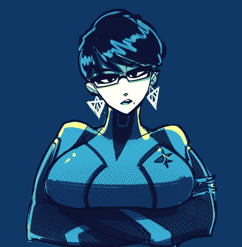 1girl bayonetta bayonetta_(series) bayonetta_2 black_hair blue_background breast_hold breasts cdlum cosplay crossed_arms earrings female_focus glasses head_tilt highres jewelry large_breasts limited_palette looking_at_viewer metroid mole mole_under_mouth nintendo parted_lips pixie_cut portrait samus_aran samus_aran_(cosplay) short_hair skin_tight solo super_smash_bros. swept_bangs triangle_earrings zero_suit