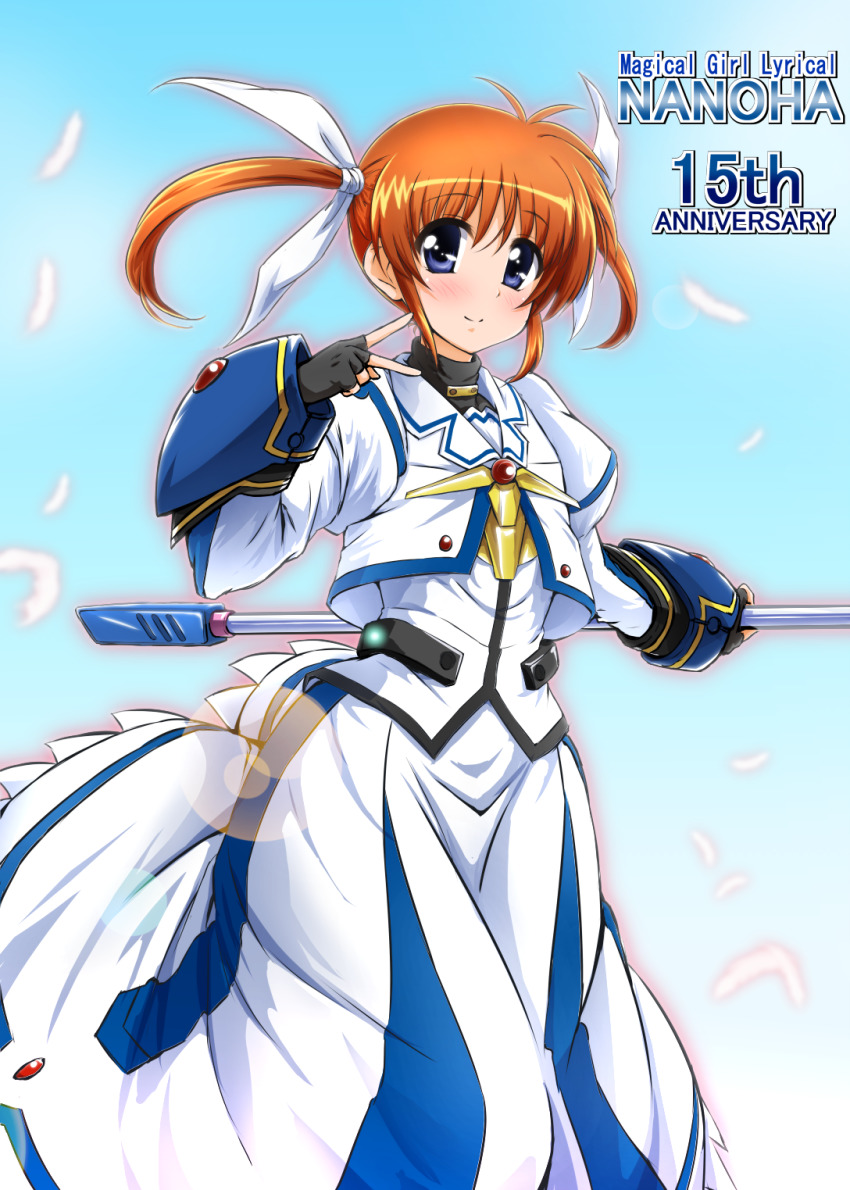 1girl anniversary antenna_hair black_gloves blush brown_hair diesel-turbo dress feathers female_focus fingerless_gloves gloves highres long_sleeves looking_at_viewer lyrical_nanoha magical_girl mahou_shoujo_lyrical_nanoha puffy_sleeves purple_eyes raising_heart short_hair short_twintails simple_background smile solo takamachi_nanoha takamachi_nanoha_(movie_1st_mode) twintails v white_dress