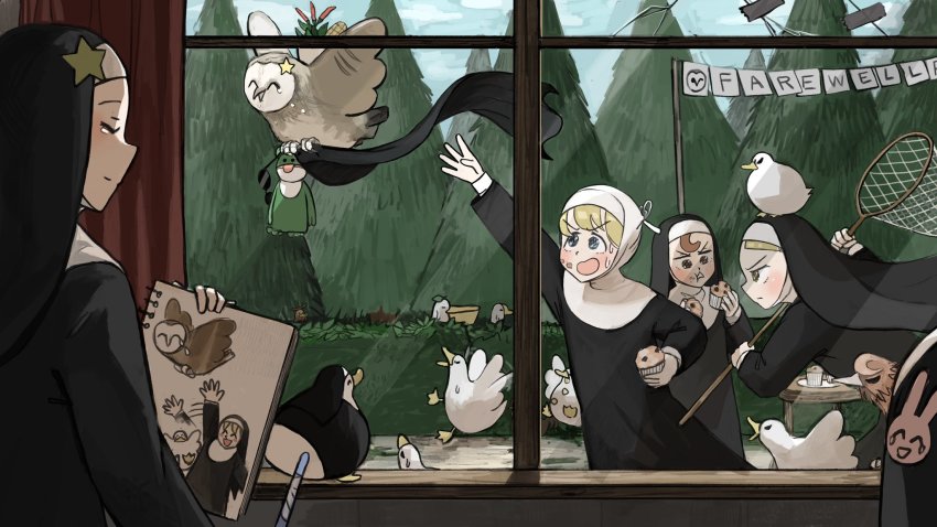 4girls :d ^_^ angry animal animal_on_head barn_owl bird blonde_hair blue_eyes broken_glass brown_eyes brown_hair bunny_nun_(diva) catching chicken chili_pepper chocolate_chip closed_eyes clumsy_nun_(diva) commentary corn curtains diva_(hyxpk) doll drawing duck duct_tape eating english_commentary flying food food_on_body food_on_face food_on_head frog froggy_nun_(diva) glass goose habit hair_ornament hand_net highres holding holding_food holding_sketchbook leaf leaf_on_head little_nuns_(diva) muffin multiple_girls nun object_on_head on_head open_mouth ostrich outstretched_arm owl pelican pen plant potted_plant rabbit_hair_ornament running sketchbook slice_of_life smile spicy_nun_(diva) spread_wings star_(symbol) star_nun_(diva) string_of_flags sunglasses table tearing_up traditional_nun triangle_mouth unworn_headwear waving_arms window yellow_eyes