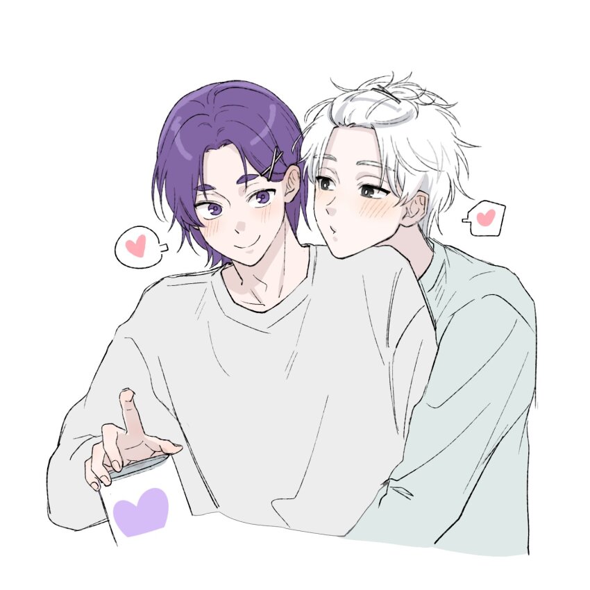 2boys 99reung arm_up bangs_pinned_back blue_lock blush closed_mouth crew_neck cropped_torso cup dot_nose eye_contact grey_eyes hair_behind_ear hair_ornament hairclip heart highres holding holding_cup hug hug_from_behind index_(toaru_majutsu_no_index) long_sleeves looking_at_another looking_to_the_side male_focus mikage_reo multiple_boys nagi_seishirou parted_hair purple_hair shirt sideways_glance simple_background smile speech_bubble spoken_heart white_background white_hair white_shirt yaoi