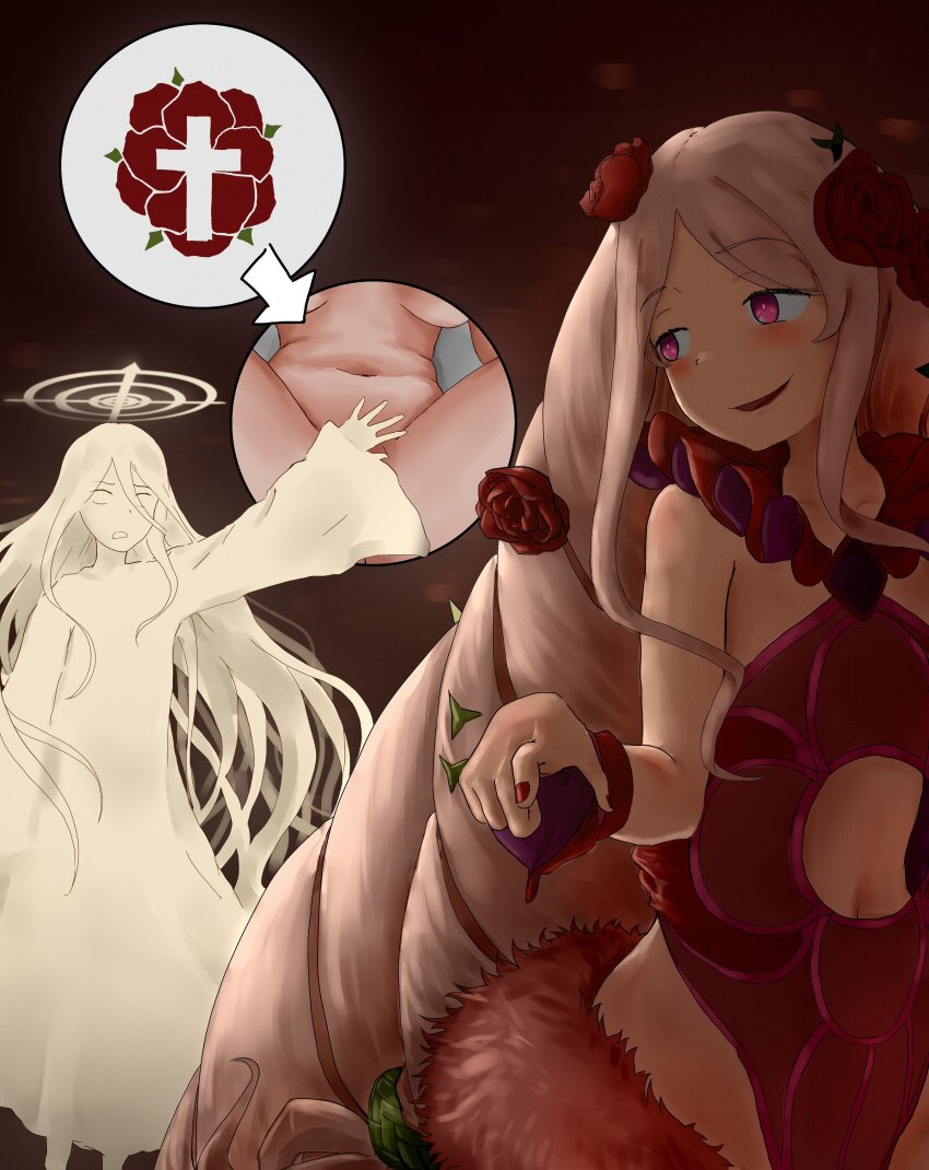 1girl absurdres aged_down aiwass angel anna_sprengel arrow_(symbol) bare_legs belly big_hair black_leotard breasts cleavage clothing_cutout covering_crotch covering_privates feet_out_of_frame flat_chest flower frills glowing hair_flower hair_ornament halo hand_up highres leotard long_hair looking_at_another medium_breasts multicolored_leotard multiple_views nail_polish navel navel_cutout novel_illustration official_art open_mouth oversized_clothes pelvic_curtain pink_eyes pink_hair purple_eyes red_flower red_leotard red_nails red_rose rose rosenkreutz simple_background smile standing tatararashi toaru_majutsu_no_index toaru_majutsu_no_index:_new_testament very_long_hair waist_cape yellow_halo