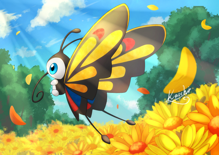 absurdres aqua_eyes beautifly cloud commentary_request day falling_petals flower gen_3_pokemon highres kaichi_(tomiyu25) light_rays nintendo no_humans outdoors petals pokemon pokemon_(creature) sky solo tree yellow_flower
