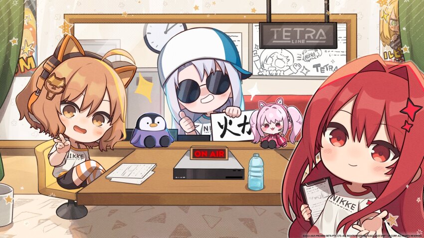 3girls alice_(nikke) animal_ear_headphones animal_ears anis_(nikke) baseball_cap blue_hat brown_eyes brown_hair cat_hair_ornament character_doll chibi clipboard clock closed_mouth clothes_writing fake_animal_ears goddess_of_victory:_nikke grey_hair grin hair_intakes hair_ornament hat headphones highres holding holding_clipboard indoors light_smile locker long_hair multiple_girls mustang_(nikke) neon_(nikke) no_nose official_art on_chair open_mouth orange_thighhighs plastic_bottle rapi_(nikke) rapi_(red_hood)_(nikke) red_eyes red_hair round_eyewear rupee_(nikke) shirt smile star_(symbol) striped_clothes striped_thighhighs sunglasses thighhighs thumbs_up totatokeke translated v very_long_hair white_hat white_shirt white_thighhighs