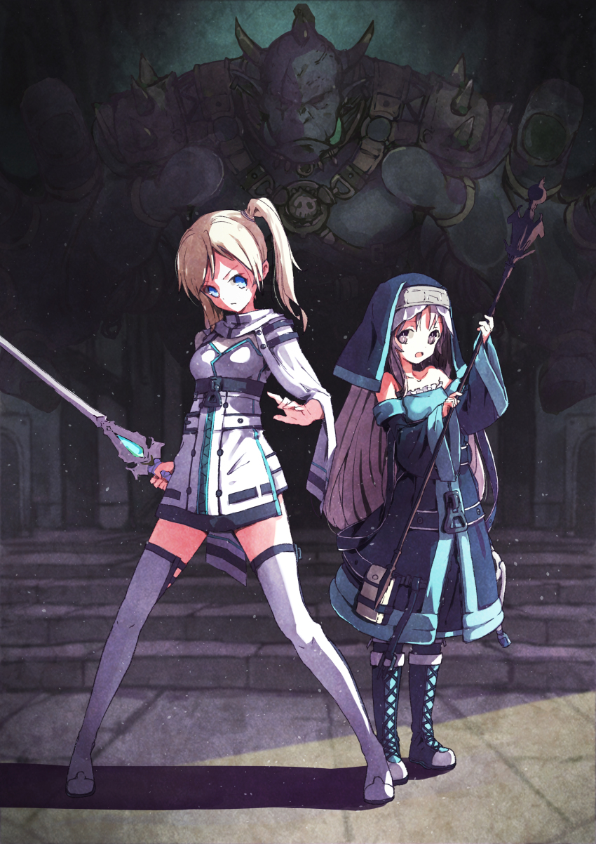 2girls absurdres bare_shoulders blonde_hair blue_eyes boots detached_sleeves full_body highres holding holding_sword holding_weapon kannyo_(orkastle) long_hair multiple_girls nun orc original orkastle ponytail promotional_art satyuas side_ponytail staff_(weapon) sword thighhighs weapon yuriel_(orkastle)