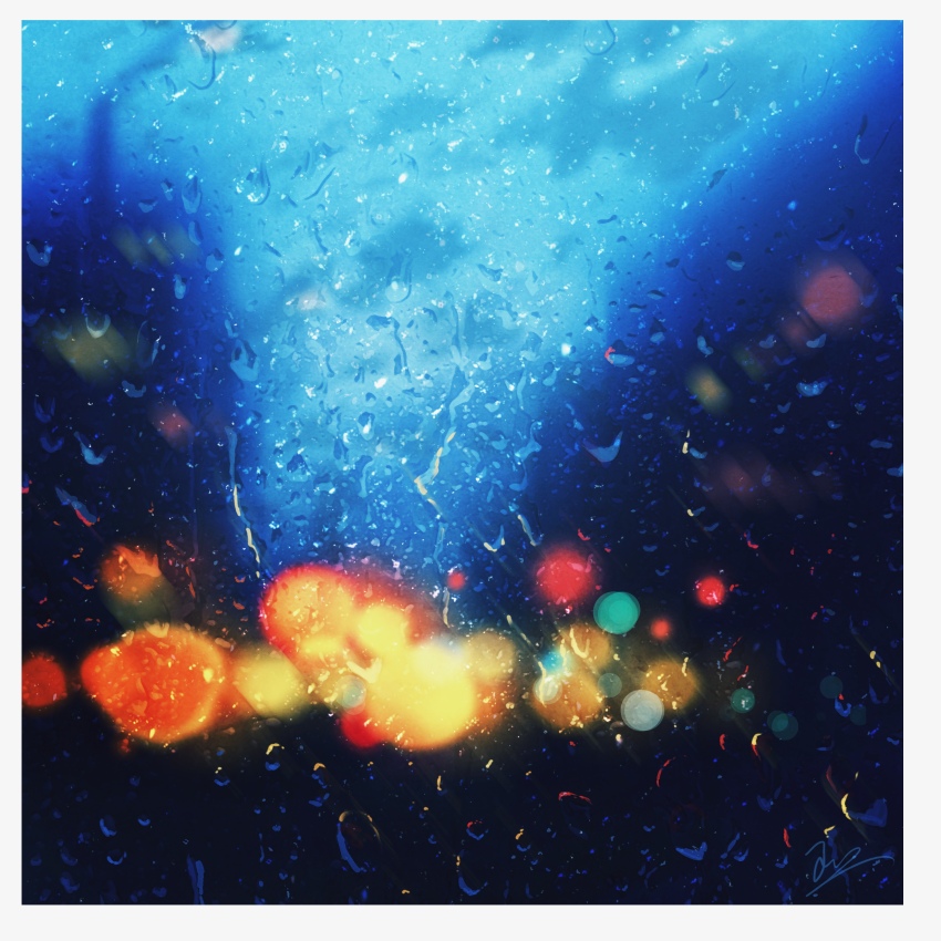 absurdres blurry bokeh border city_lights depth_of_field highres huashijw lamppost night no_humans original rain signature water_drop white_border window