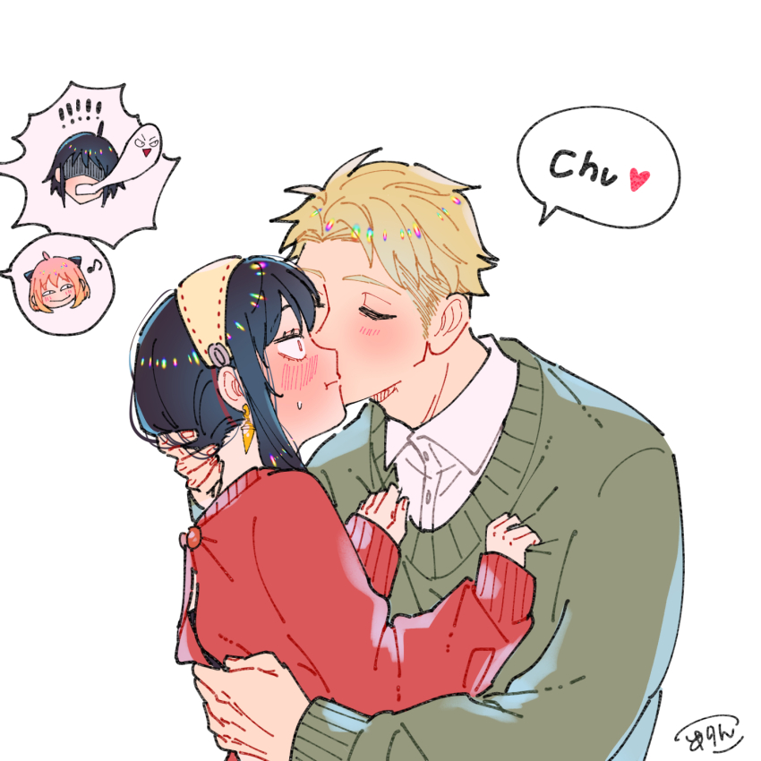 ! 2boys 2girls :t anya&#039;s_heh_face_(meme) anya_(spy_x_family) awarinko backless_outfit black_hair blonde_hair chibi chibi_inset closed_eyes closed_mouth collared_shirt couple dress_shirt eighth_note faceless faceless_male facing_another fake_horns giving_up_the_ghost green_sweater hairband hand_on_another&#039;s_back hand_on_another&#039;s_neck hands_on_another&#039;s_chest hands_up hetero highres horns husband_and_wife kiss kissing_cheek long_sleeves looking_at_another meme multiple_boys multiple_girls musical_note pink_hair puffy_long_sleeves puffy_sleeves red_sweater romaji_text shaded_face shirt short_hair sidelocks signature simple_background sleeves_past_wrists smug speech_bubble spoken_character spy_x_family sweater twilight_(spy_x_family) upper_body white_background white_shirt yor_briar yuri_briar