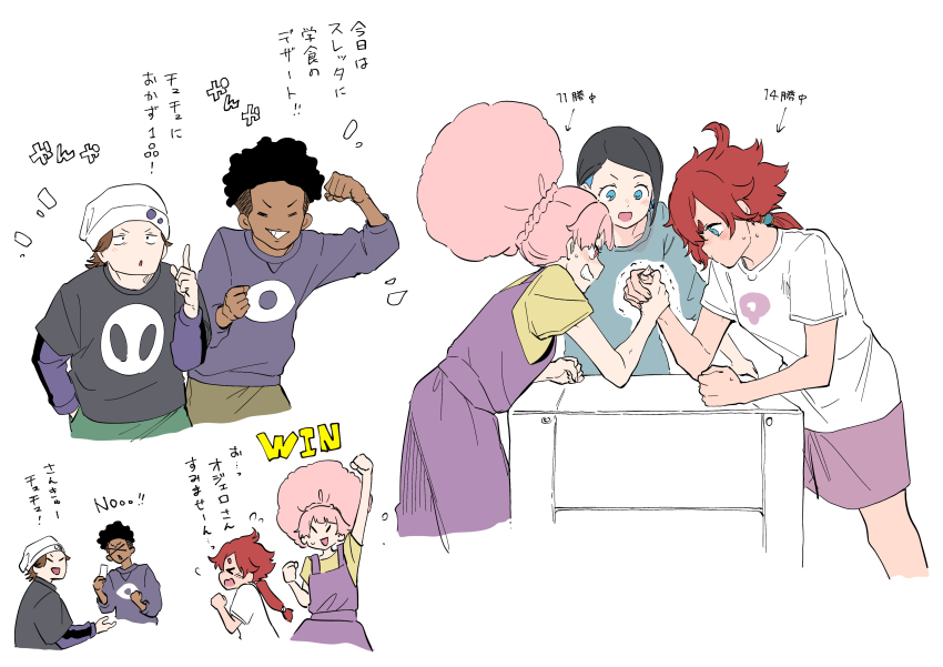 2boys 3girls absurdres arm_wrestling black_hair blue_eyes brown_hair chuatury_panlunch dark-skinned_male dark_skin green_eyes grin gundam gundam_suisei_no_majo hat highres ir kyouno multiple_boys multiple_girls nika_nanaura nuno_kargan ojelo_gabel red_hair smile suletta_mercury