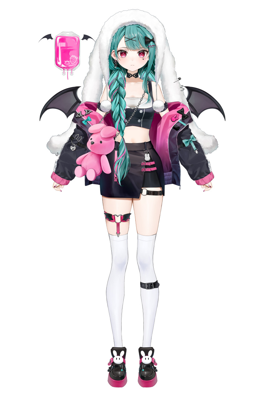 1girl absurdres animal_bag black_jacket black_shoes black_skirt blood blood_bag bow braid chain facial_mark food fruit full_body green_hair hair_bow hair_ornament hairclip hanamoegi_suiha heart heart_facial_mark heart_o-ring highres jacket long_hair long_sleeves looking_at_viewer mikanoisi multicolored_hair o-ring o-ring_thigh_strap official_art open_clothes open_jacket pink_eyes pink_hair pom_pom_(clothes) rabbit_bag shoes simple_background skirt sleeves_past_wrists solo standing strawberry streaked_hair tachi-e thigh_strap thighhighs transparent_background two-tone_hair vebop_project virtual_youtuber white_thighhighs wings x x_facial_mark x_hair_ornament