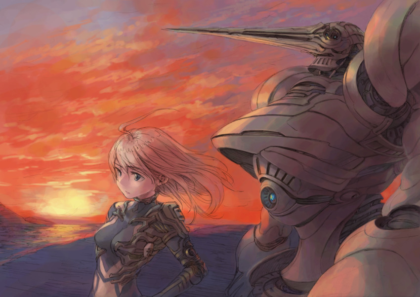 1girl :/ ahoge blonde_hair blue_bodysuit blue_eyes bodysuit breasts closed_mouth cloud floating_hair hair_between_eyes huge_ahoge long_hair mecha mechanical_arms original outdoors pilot_suit robot science_fiction single_mechanical_arm sky small_breasts sun sunset twilight vaison