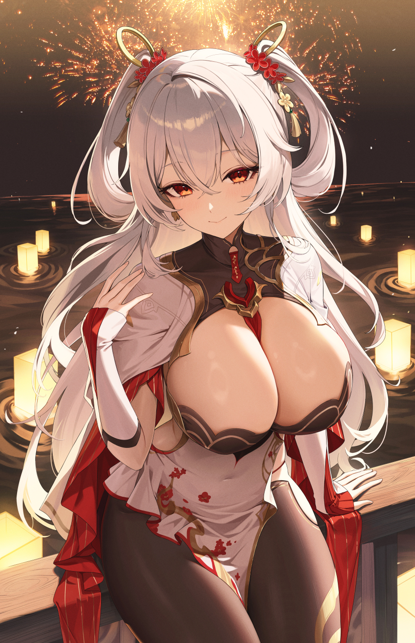 1girl absurdres aerial_fireworks against_railing alternate_breast_size black_collar black_pantyhose breasts cleavage closed_mouth collar commentary covered_navel cowboy_shot dkxlek dress fireworks hair_between_eyes hair_ornament hand_up highres hip_vent honkai_(series) honkai_impact_3rd huge_breasts lantern light_blush long_hair looking_at_viewer night night_sky ocean orange_eyes outdoors pantyhose pelvic_curtain railing sky smile solo theresa_apocalypse theresa_apocalypse_(luna_kindred) theresa_apocalypse_(lunar_vow:_crimson_love) theresa_apocalypse_(redolent_in_red) two_side_up very_long_hair white_dress white_hair