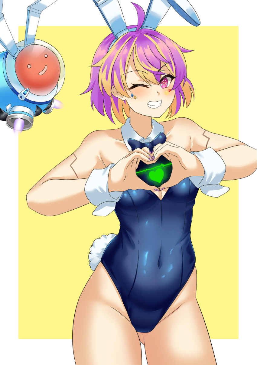 1girl ahoge animal_ears arm_cuffs aurix_&quot;rixxy&quot;_brightful blonde_hair blue_bow blue_bowtie blue_leotard bow bowtie cardiogram closed_mouth collar commentary detached_collar dr._fish_(aurix_&quot;rixxy&quot;_brightful) english_commentary facial_mark fake_animal_ears grin heart heart_facial_mark heart_hands highres leotard multicolored_hair navel nexas_(vtuber) one_eye_closed pink_eyes pink_nails playboy_bunny puffywaffles purple_hair rabbit_ears rabbit_tail short_hair smile tail two-tone_hair virtual_youtuber white_collar yellow_background