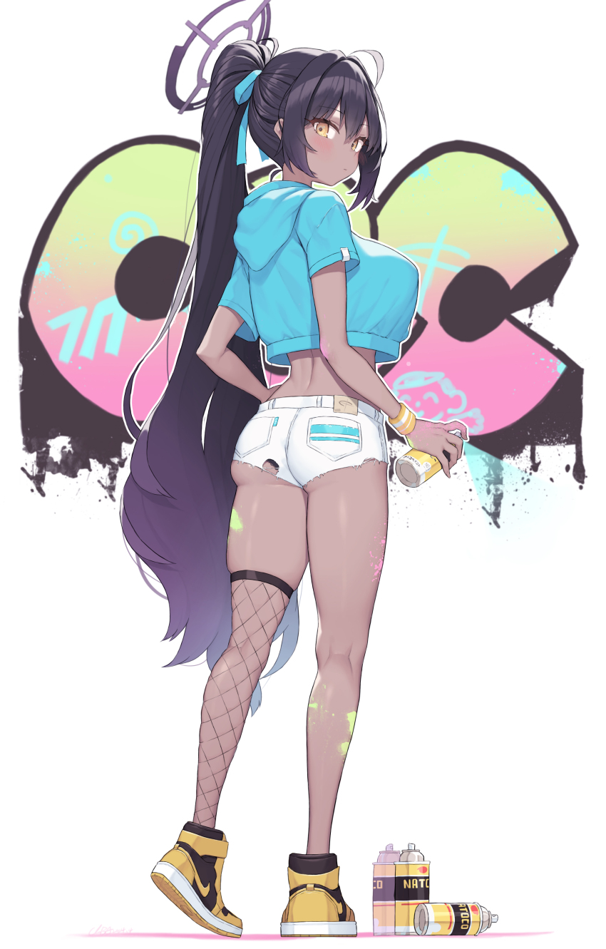 1girl absurdres ass black_hair black_panties blue_archive blue_hoodie blue_ribbon blush breasts cloba closed_mouth commentary cropped_hoodie dark-skinned_female dark_skin from_behind full_body gradient_hair graffiti hair_ribbon halo high_ponytail highres holding hood hood_down hoodie karin_(blue_archive) kneepits large_breasts long_hair looking_at_viewer looking_back multicolored_hair paint_on_body panties panty_peek ponytail purple_hair ribbon shoes short_shorts shorts sidelocks simple_background solo spray_paint standing thighs tiptoes torn_clothes torn_shorts underbutt underwear very_long_hair white_background white_shorts yellow_eyes yellow_shoes