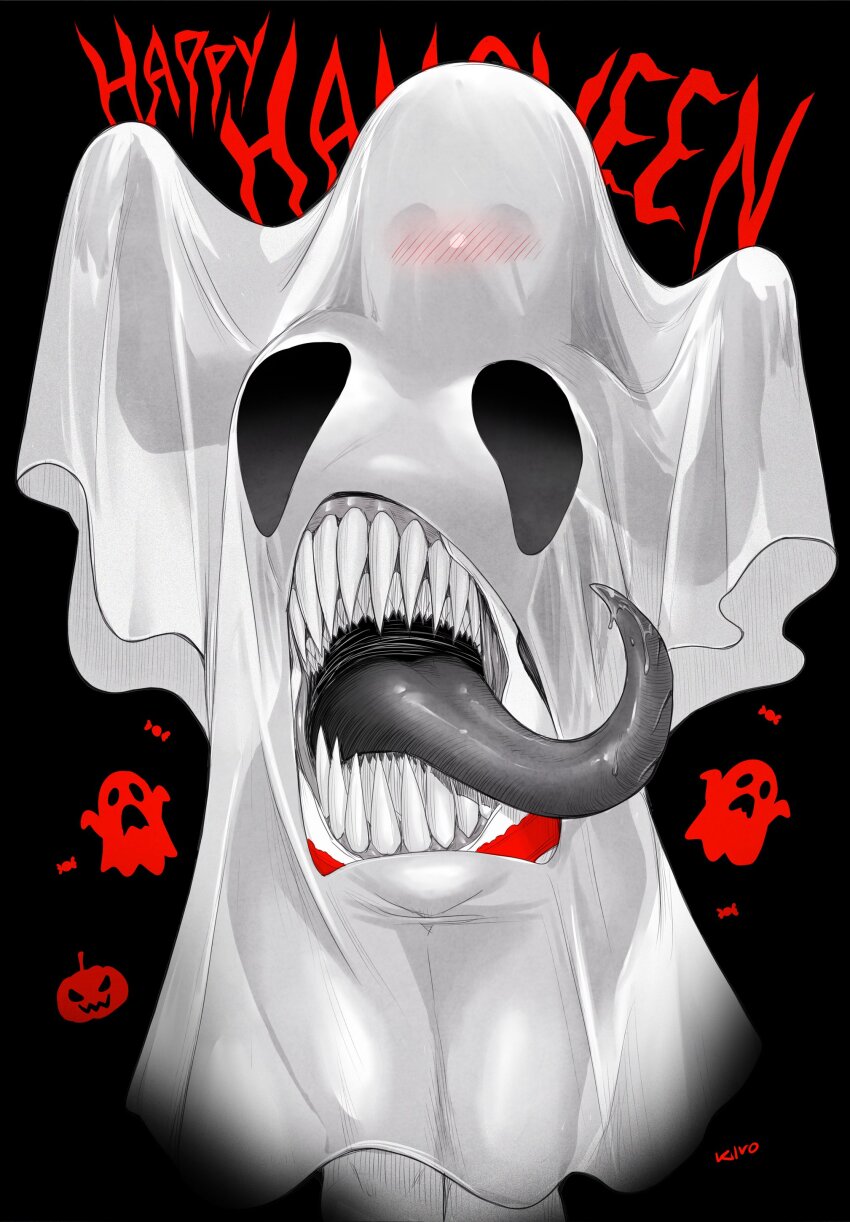1girl absurdres artist_name black_background blush breasts clothing_cutout commentary creepy english_commentary extra_mouth ghost ghost_costume halloween halloween_costume happy_halloween highres jack-o&#039;-lantern kivo large_breasts limited_palette long_hair long_tongue monster_girl original panties red_panties saliva see-through_silhouette sharp_teeth solo stomach_cutout stomach_mouth teeth tongue tongue_out underwear