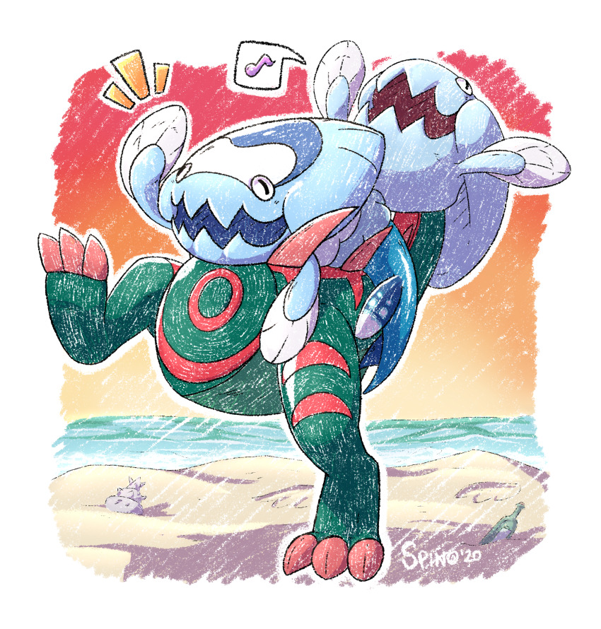 animal_focus arctovish arm_up arms_up artist_name beach bottle claws commentary dated dracovish english_commentary fins gen_8_pokemon highres leg_up musical_note nintendo no_humans open_mouth outline pokemon pokemon_(creature) pokemon_focus riding riding_pokemon shell simple_background smile spino_(spinoone) spoken_musical_note water white_background white_outline