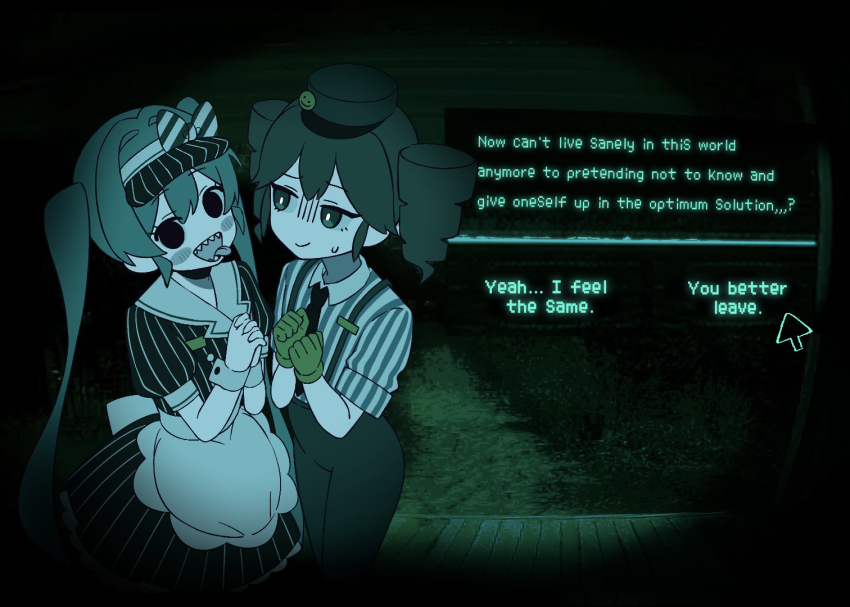 2girls :d blush_stickers closed_mouth commentary crossover cursor dress drill_hair english_text fake_screenshot gloves hat hatsune_miku kasane_teto long_hair looking_at_another looking_at_viewer medium_hair mesmerizer_(vocaloid) multiple_girls necktie nervous_smile night no_i&#039;m_not_a_human open_mouth outdoors overalls pinstripe_dress pinstripe_pattern pinstripe_shirt shirt smile solid_circle_eyes symbol-only_commentary tamakiwachi tongue tongue_out twin_drills twintails user_interface very_long_hair visor_cap vocaloid