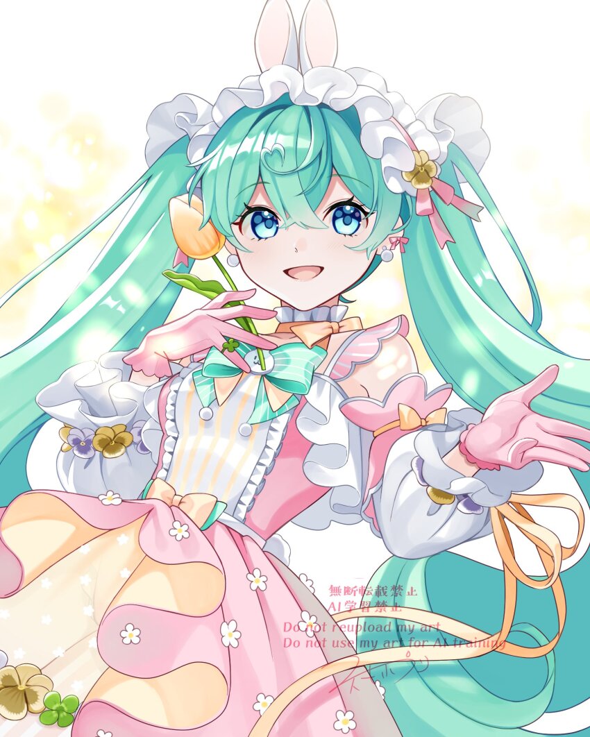 1girl alternate_costume animal_ears aqua_eyes aqua_hair commentary_request detached_sleeves dress easter fake_animal_ears flower frilled_dress frilled_hairband frills gloves hairband hatsune_miku highres holding holding_flower lolita_fashion looking_at_viewer masumofu open_mouth pink_gloves rabbit_ears smile solo sweet_lolita tulip vocaloid watermark white_hairband yellow_flower yellow_tulip