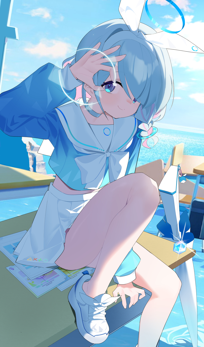 1girl absurdres arona_(blue_archive) blue_archive blue_eyes blue_hair blue_halo blue_serafuku blue_sky braid choker closed_mouth cloud commentary_request day hairband halo highres looking_at_viewer midriff multicolored_hair ocean on_table outdoors pink_hair pleated_skirt sailor_collar school_uniform serafuku shoes short_hair single_braid skirt sky smile solo table thighs two-tone_hair wako_(1194433260) white_choker white_hairband white_sailor_collar white_shoes white_skirt