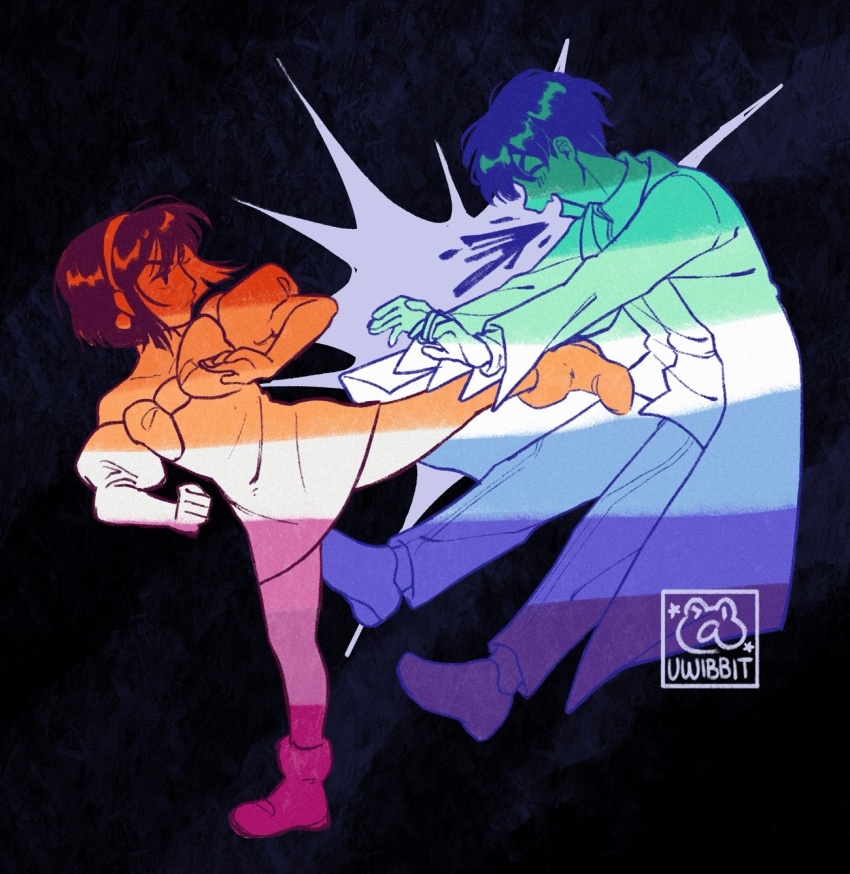 1boy 1girl alien_stage artist_logo artist_name coat commentary dress english_commentary full_body gay_male_pride_flag hairband highres ivan_(alien_stage) kicking lesbian_flag logo open_mouth pants shirt short_hair sua_(alien_stage) uwibbit very_short_hair