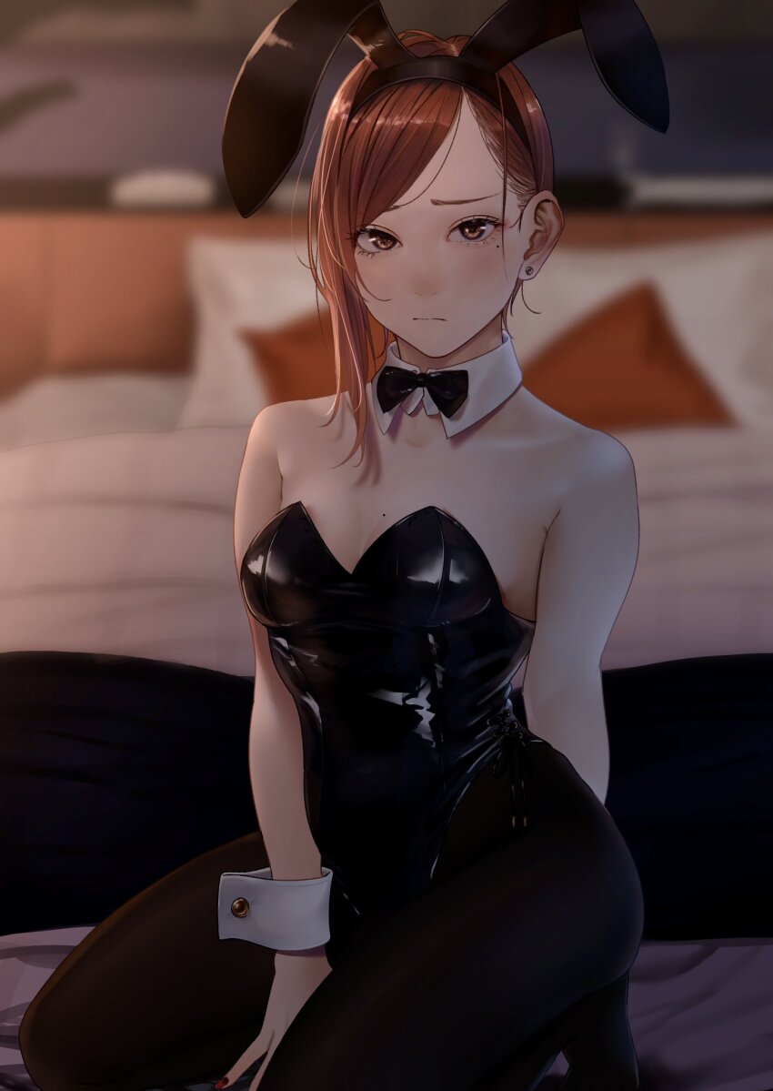 1girl animal_ears bed bedroom black_bow black_bowtie black_leotard blurry blurry_background bow bowtie breasts brown_eyes brown_hair cleavage closed_mouth detached_collar fake_animal_ears frown highres indoors leotard long_hair looking_at_viewer medium_breasts mole mole_under_eye original pillow playboy_bunny rabbit_ears saitou_(lynx-shrike) sitting solo wrist_cuffs