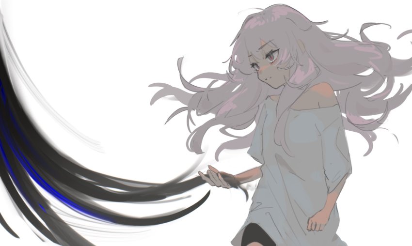 2girls bad_id bad_twitter_id black_hair black_shorts europe_europa grabbing_another&#039;s_hair highres holding kozakura_(urasekai_picnic) long_hair multiple_girls off-shoulder_shirt off_shoulder shirt shorts simple_background urasekai_picnic uruma_satsuki very_long_hair wavy_hair white_background white_hair