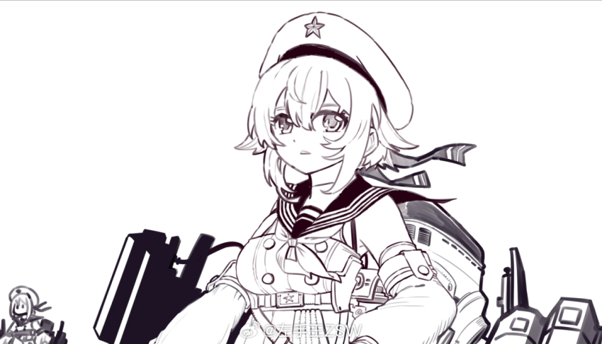 1girl beret breasts detached_sleeves greyscale gun hair_between_eyes hair_flaps hat hat_ornament jinan_(warship_girls_r) lineart looking_at_viewer monochrome sailor_collar short_hair solo star_(symbol) star_hat_ornament upper_body warship_girls_r weapon z.s.w.