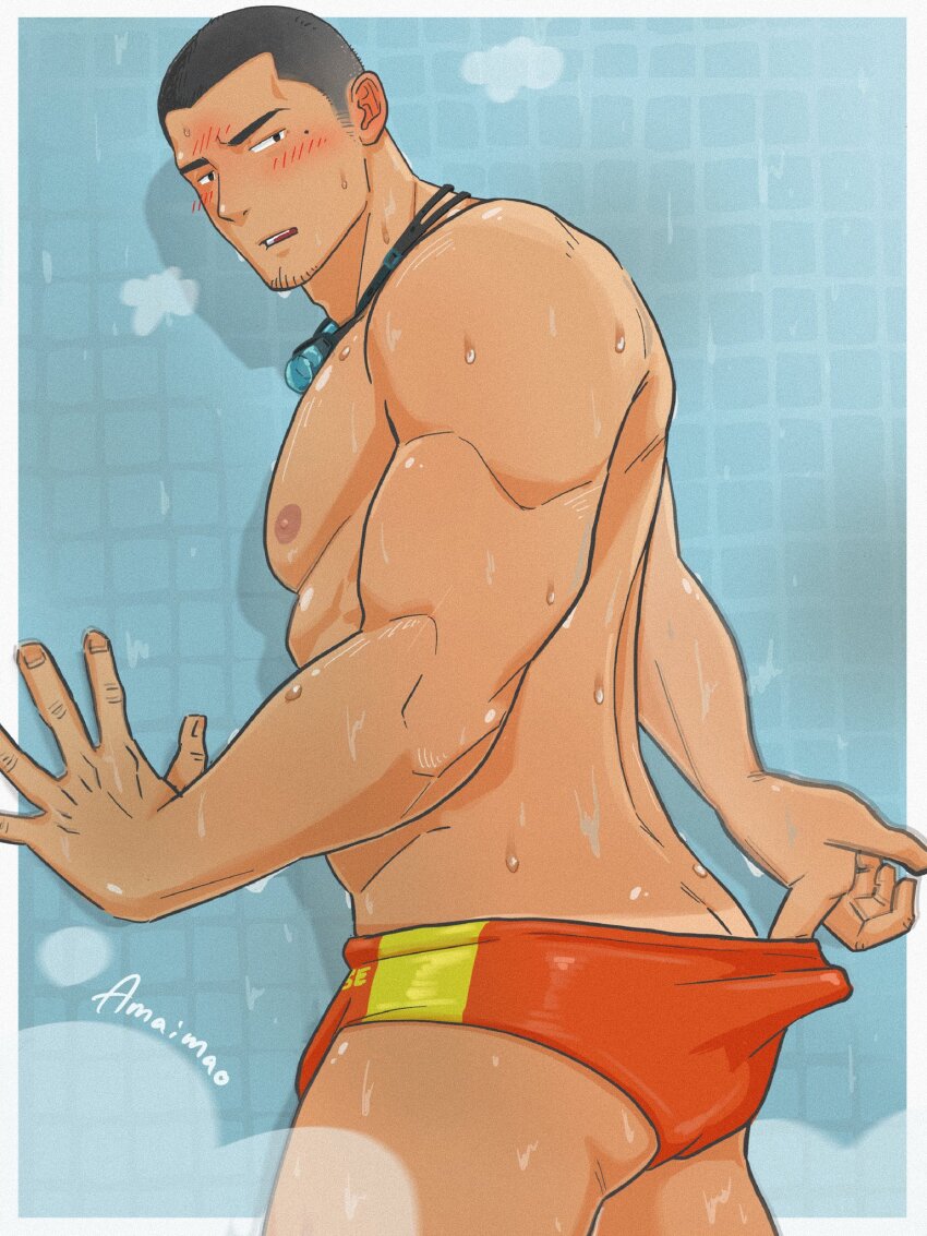 1boy against_wall amaimao bara blush butt_crack buzz_cut come_hither cowboy_shot facial_hair from_behind gluteal_fold goatee goggles goggles_around_neck highres large_pectorals looking_at_viewer looking_back male_focus male_swimwear male_swimwear_pull mature_male muscular muscular_male navel nipples original pectorals pulling_own_clothes red_male_swimwear red_swim_briefs short_hair shower_(place) soap_bubbles solo stubble swim_briefs swim_briefs_pull swimsuit tan tanline tanline_peek thick_eyebrows thick_thighs thighs topless_male very_short_hair wet
