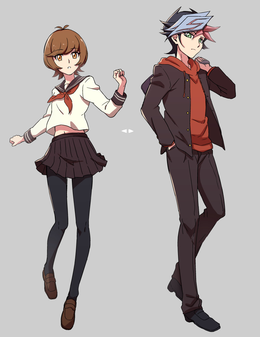 1boy 1girl absurdres ahoge alternate_costume arrow_(symbol) artist_request bad_id bad_pixiv_id bag black_hair black_jacket black_pants black_pantyhose black_skirt blazer blue_sailor_collar brown_eyes brown_hair brown_jacket brown_pants brown_skirt clenched_hands colored_bangs facing_to_the_side facing_viewer fujiki_yusaku green_eyes grey_background hand_in_pocket hand_up highres holding holding_bag hood hoodie jacket looking_at_viewer looking_to_the_side midriff_peek navel open_clothes open_jacket pants pantyhose pleated_skirt red_hoodie red_ribbon ribbon sailor_collar school_uniform shirt skirt spiked_hair white_shirt yu-gi-oh! yu-gi-oh!_vrains zaizen_aoi