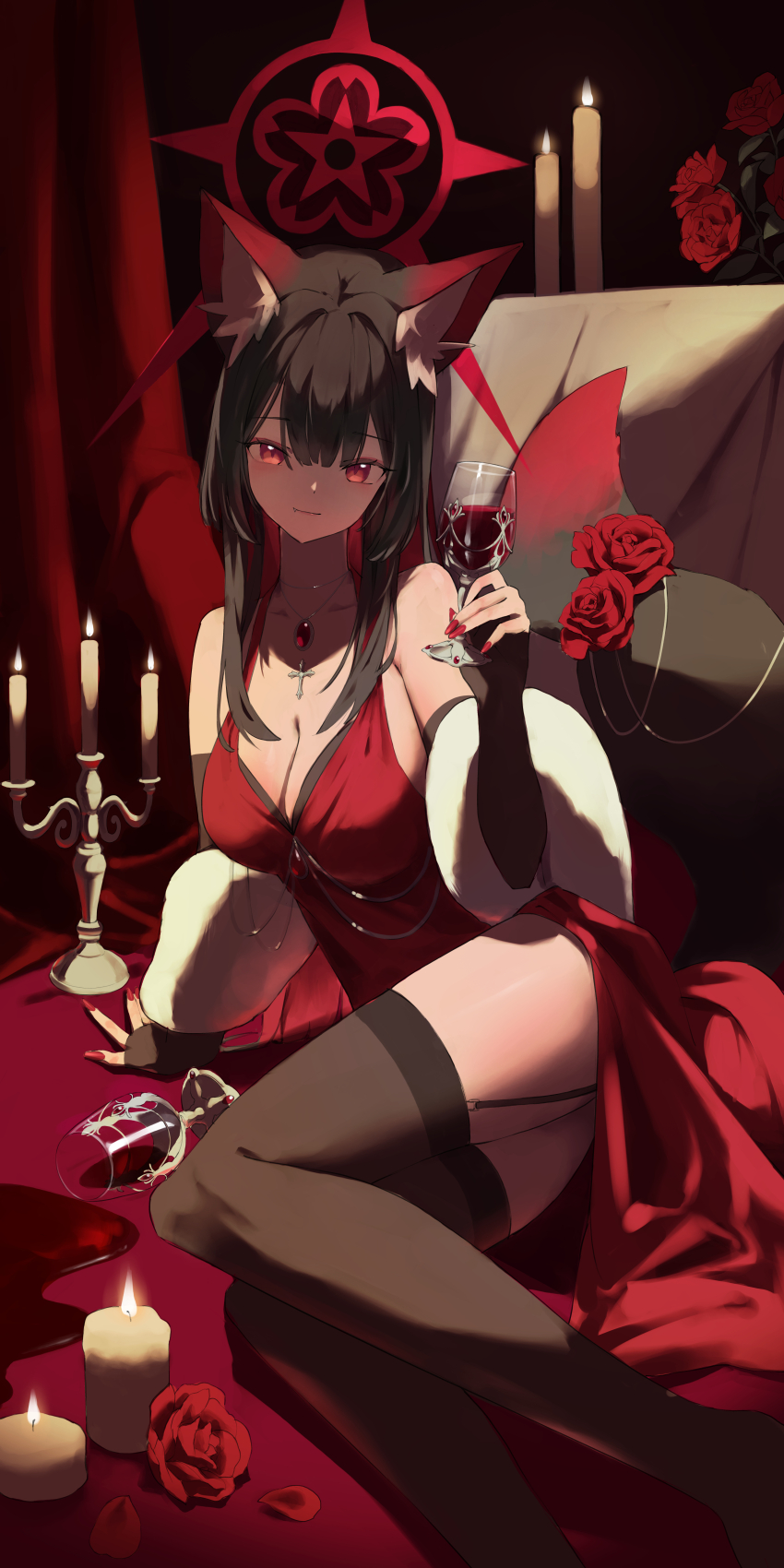 1girl absurdres alternate_costume alternate_eye_color animal_ear_fluff animal_ears bare_shoulders black_arm_warmers black_dress black_garter_straps black_hair black_thighhighs blue_archive breasts cleavage colored_inner_hair cross cross_necklace cup dress drinking_glass fox_ears fox_girl fur_shawl garter_straps hair_between_eyes halo highres holding holding_cup jewelry large_breasts long_hair looking_at_viewer multicolored_hair necklace red_dress red_eyes red_hair red_halo red_nails shawl side_slit sidelocks sleeveless sleeveless_dress solo thighhighs two-tone_hair vam_(js_vam) wakamo_(blue_archive) white_shawl wine_glass