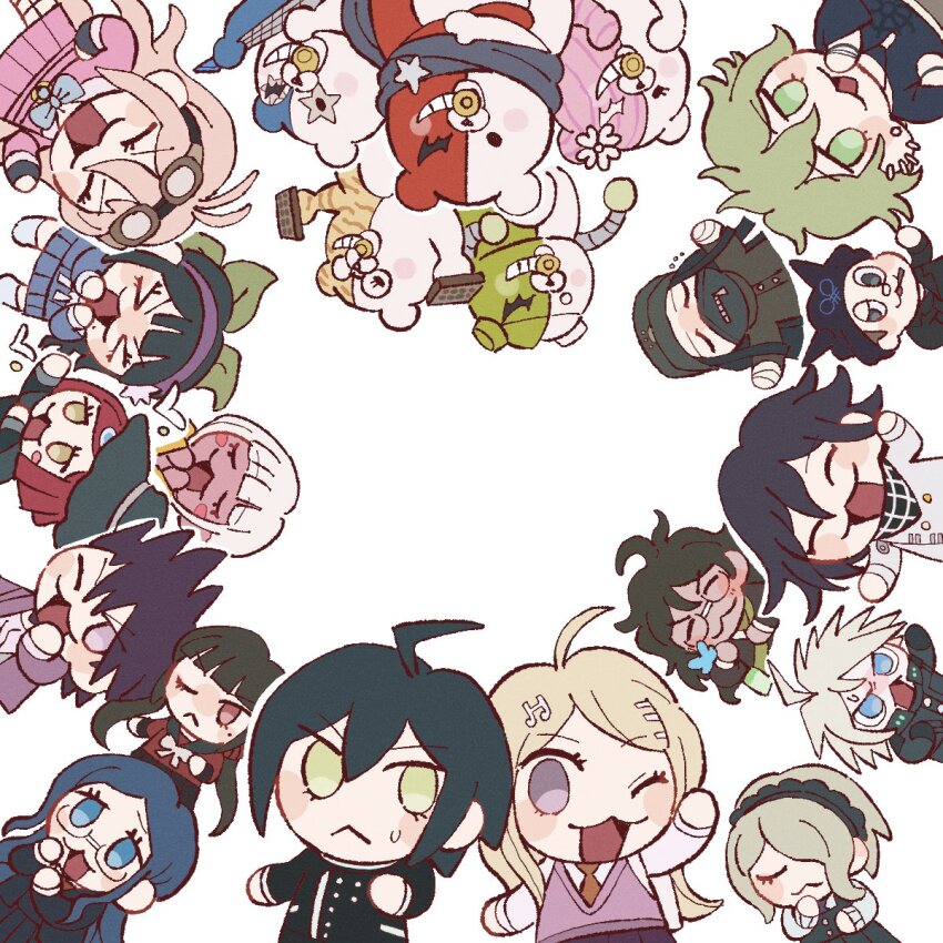 &gt;_&lt; 30en_(esx5g) 6+boys 6+girls :&lt; ;&lt; ahoge akamatsu_kaede amami_rantaro androgynous android antenna_hair backpack bad_id bad_twitter_id bag bandaged_hand bandages beanie belt bird black_dress black_gloves black_hair black_hairband black_hat black_jacket black_mask black_sailor_collar black_scarf black_skirt black_sleeves blazer blonde_hair blue_bow blue_butterfly blue_eyes blue_hair blue_scarf blue_serafuku blue_shirt blue_skirt blue_sleeves blunt_ends blush_stickers bow bowtie brown-framed_eyewear brown_hair brown_jacket brown_pants brown_sleeves bug bug_cage butterfly butterfly_on_hand buttons candy_stick chabashira_tenko chain chibi closed_eyes closed_mouth coat collared_jacket collared_shirt commentary_request confetti controller covered_mouth cowboy_shot cropped_torso danganronpa_(series) danganronpa_v3:_killing_harmony dark-skinned_female dark-skinned_male dark_skin double-breasted dove dress ear_piercing everyone eyelashes facial_hair fingerless_gloves flat_color flower food_in_mouth fortissimo frilled_hairband frilled_sleeves frills frown full_body gakuran glasses gloves goatee goggles goggles_on_head gokuhara_gonta green_bow green_eyes green_hair green_hat green_jacket green_necktie green_sleeves grey_jacket hair_between_eyes hair_bow hair_ornament hair_over_one_eye hair_scrunchie hairband half-closed_eye hand_on_own_chin hand_on_own_hip hands_on_own_chin harukawa_maki hat high_collar highres holding holding_remote_control horned_hat hoshi_ryoma insect iruma_miu jacket jewelry k1-b0 layered_sleeves leather leather_jacket long_hair long_sleeves low_twintails maid_headdress mask messy_hair miniskirt mole mole_under_eye mole_under_mouth momota_kaito monodam monokid monophanie monosuke monotaro_(danganronpa) mouth_mask multicolored_buttons multiple_belts multiple_boys multiple_girls musical_note musical_note_hair_ornament necktie o-ring o-ring_belt oma_kokichi one_eye_closed open_mouth orange_bow orange_bowtie orange_necktie outstretched_arms outstretched_hand pacifier pants peaked_cap pendant piercing pink_flower pink_serafuku pink_shirt pink_skirt pink_sleeves pink_vest plaid_clothes plaid_scarf playing_guitar playing_instrument pleated_skirt pocket pointing purple_coat purple_eyes purple_hair purple_hairband purple_necktie purple_skirt purple_sleeves raincoat red_hair red_scrunchie red_shirt red_sleeves remote_control round_eyewear saihara_shuichi sailor_collar scarf school_uniform scrunchie serafuku shinguji_korekiyo shirogane_tsumugi shirt short_hair simple_background simple_bird skirt skirt_set sleeveless sleeveless_dress smile socks spiked_hair squeans straight_hair sweatdrop thigh_belt thigh_strap tojo_kirumi twintails upside-down v-neck v-shaped_eyebrows vest white_background white_bag white_bow white_bowtie white_hair white_jacket white_sailor_collar white_shirt white_socks white_undershirt witch_hat yellow_raincoat yellow_sleeves yonaga_angie yumeno_himiko zipper zipper_pull_tab