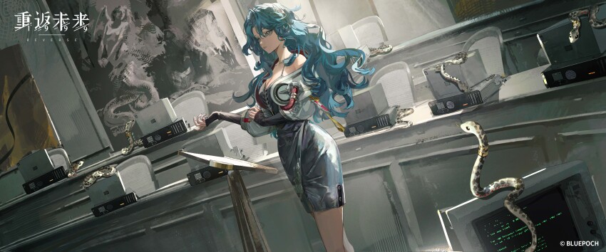 1girl absurdres bare_shoulders blue_hair chair copyright_name copyright_notice cowboy_shot dress dutch_angle green_eyes hand_up highres hissabeth indoors jacket logo long_hair monitor official_art painting_(object) pencil_dress reverse:1999 short_dress silver_dress sleeves_past_wrists slit_pupils snake solo standing white_jacket