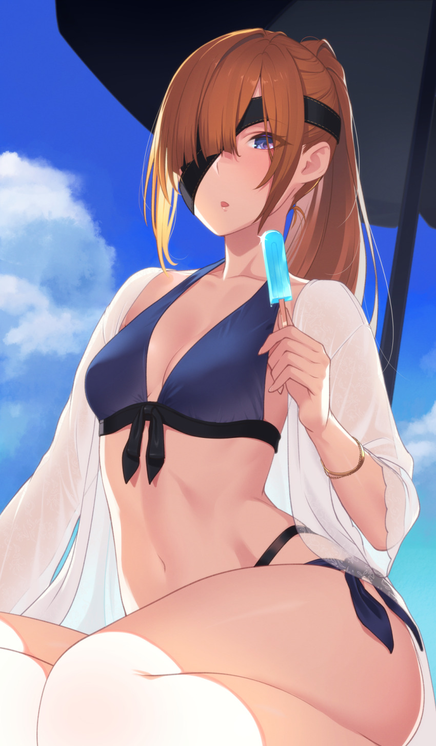 1girl bikini blue_bikini blue_eyes bracelet breasts brown_hair day eyepatch fate/grand_order fate_(series) food hair_over_one_eye highres hikichi_sakuya jewelry kneeling long_hair looking_at_viewer medium_breasts navel open_clothes ophelia_phamrsolone outdoors parasol popsicle see-through_clothes sidelocks solo swimsuit umbrella