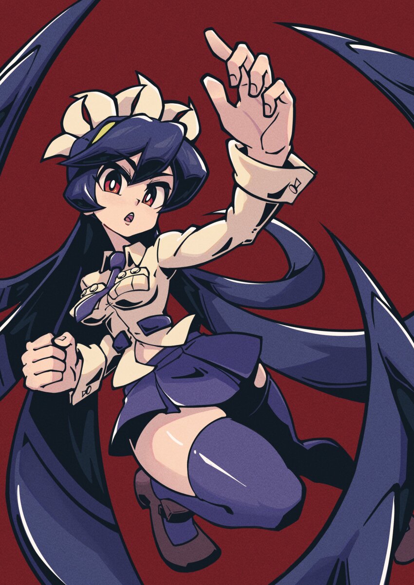 1girl absurdres blue_hair bright_pupils filia_(skullgirls) highres long_hair looking_at_viewer navel necktie onozawa_(buresu21) open_mouth pleated_skirt prehensile_hair red_background school_uniform skirt skullgirls solo thick_thighs thighhighs thighs white_pupils