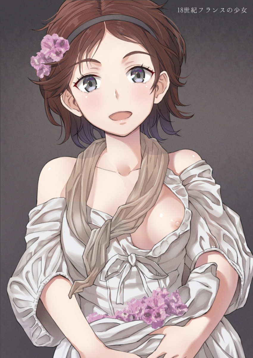 1girl absurdres bare_shoulders blush breasts brown_hair dress european_clothes flower french_clothes grey_background grey_eyes hair_flower hair_ornament hairband highres holding holding_flower kanden_sky medium_breasts nipple_slip nipples open_mouth original own_hands_together pink_flower short_hair simple_background small_nipples white_dress