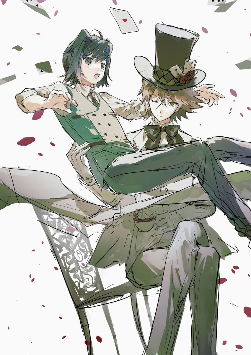 2boys absurdres ace_(playing_card) ace_of_hearts ace_of_spades ahoge animal_ears argyle_clothes argyle_hat asymmetrical_hair black_bow black_bowtie black_eyes black_hair black_hat black_necktie blazer blonde_hair bow bowtie breast_pocket brown_hair buttons card card_in_hat cardfight!!_vanguard carrying cat_ears catching chair closed_mouth collared_shirt crossed_bangs crossed_legs cup double-breasted dress_pants expressionless eyelashes falling feet_out_of_frame flower gloves green_eyes grey_pants grey_vest hair_between_eyes hand_on_another&#039;s_hip hat hat_flower heart highres holding holding_cup jacket kai_toshiki kemonomimi_mode long_sleeves looking_at_viewer male_focus morgue_(southsakura) multiple_boys necktie on_chair open_clothes open_jacket open_mouth pants petals playing_card pocket princess_carry red_flower red_rose rose sendou_aichi shirt short_hair sitting sleeve_cuffs spade_(shape) spilling surprised swept_bangs teacup teeth top_hat tsurime upper_teeth_only vest white_background white_gloves white_jacket white_shirt white_vest