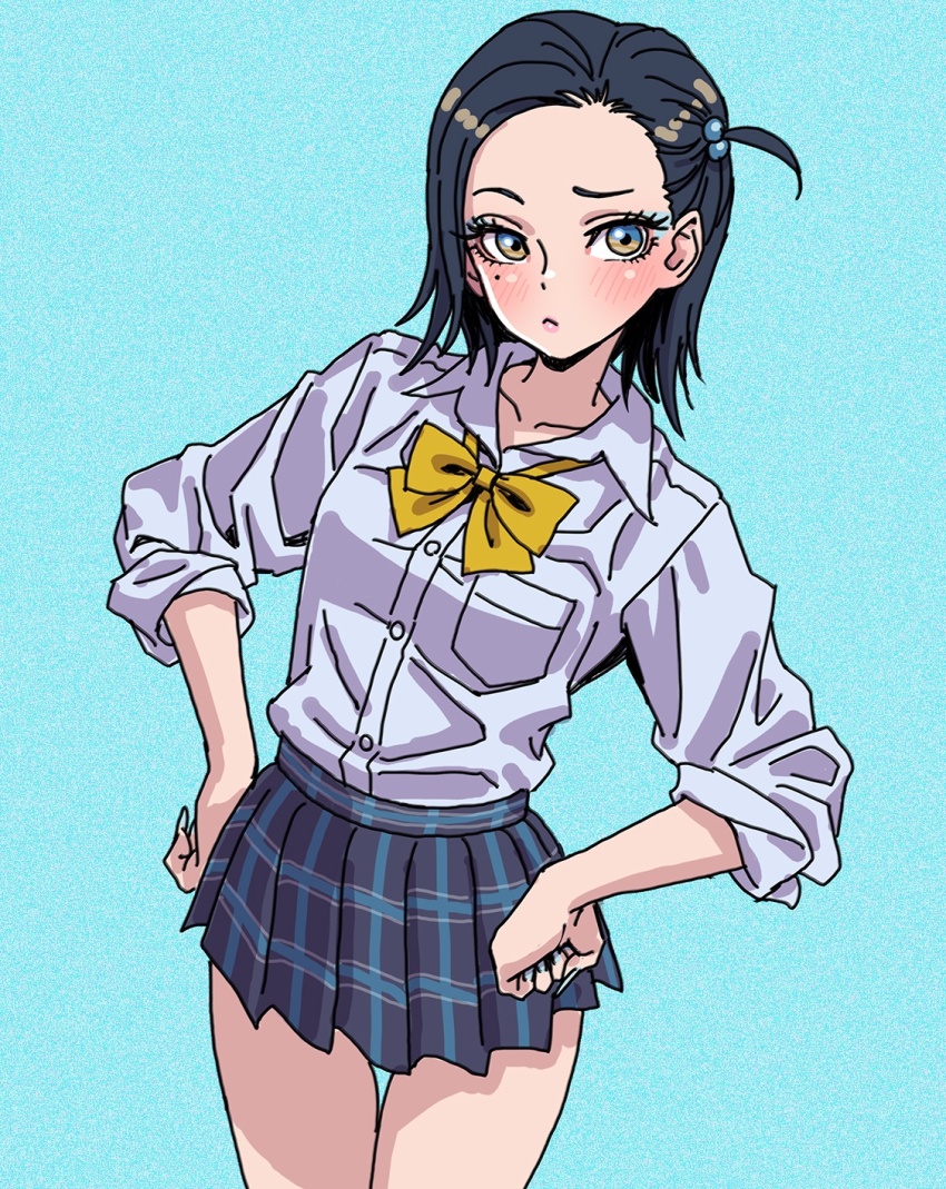 1girl alternate_costume alternate_hairstyle black_hair blue_eyes blue_eyeshadow blue_skirt blush closed_mouth comoli_harcourt eyeshadow forehead gundam gundam_gquuuuuux hair_bobbles hair_ornament hands_on_own_hips highres long_sleeves makeup mole mole_under_eye multicolored_eyes one_side_up plaid_clothes plaid_skirt pleated_skirt school_uniform shirt short_hair skirt sleeves_rolled_up standing two-tone_eyes white_shirt yamashita_shun&#039;ya yellow_eyes