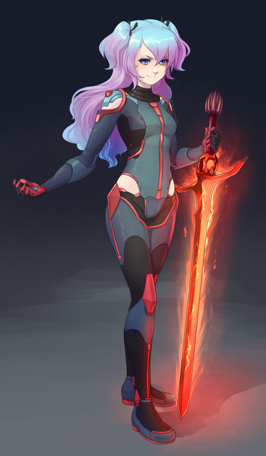 1girl absurdres black_bodysuit black_ribbon blue_bodysuit blue_eyes blue_hair bodysuit commentary english_commentary fire flaming_sword flaming_weapon full_body gradient_hair hair_ribbon highres hip_vent holding holding_sword holding_weapon long_hair looking_to_the_side multicolored_bodysuit multicolored_hair original planted planted_sword planted_weapon purple_hair ribbon short_twintails signature simple_background solo suweeka sword twintails two-tone_hair weapon